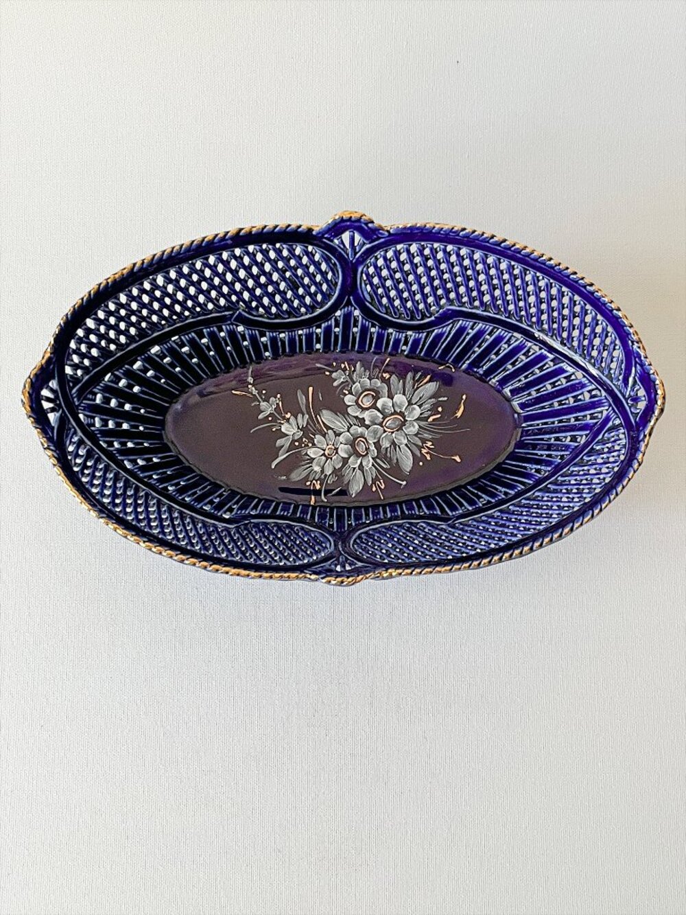 Vtg Italian MM Reticulated Porcelain Basket Bowl Cobalt Blue Mid Century